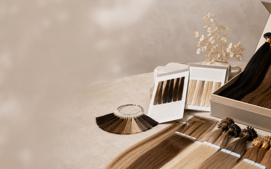 Human hair extension sample kit and colour swatches